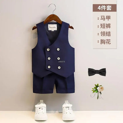 Boys Summer Vest Shorts Performance Suit Children Formal Wedding Dress Kids Photography Suit Baby Birthday Ceremony Costume