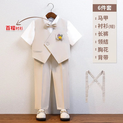 Gentleman Kids Summer Breathable Wedding Dress School Boys Vest Shirt Pants Bowtie Photography Suit Children Birthday Costume