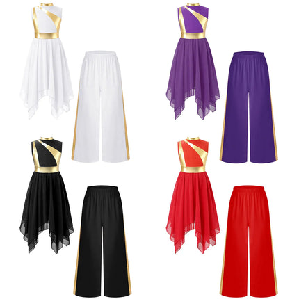 Kids Girls Liturgical Praise Dance Sets Metallic Patchwork Sleeveless Asymmetrical Hem Lyrical Church Dress with Wide-Leg Pants