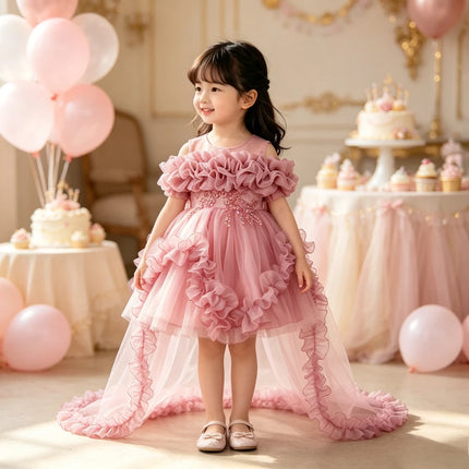 Fashion Flower Girl Dresses for Weddings Lace Mesh Sleeveless Pageant Princess Ball Gown Summer Kids Birthday Dress 1-7 Years