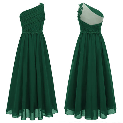 Kids Flower Girls Dress One Shoulder Pleated Evening Wedding Party Formal Occasion Long Maxi Junior Bridesmaid Tulle Dresses