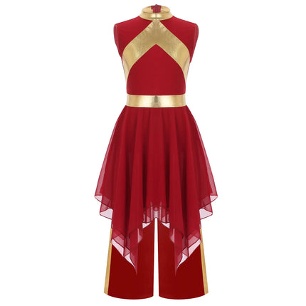 Kids Girl Worship Praise Dance Outfit Metallic Contrast Color Sleeveless Asymmetrical Hem Dress+Wide-Leg Pants for Church Events