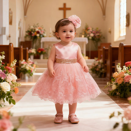 Baby Flower Girls Ruffle Embroidery Lace Sequins Dresses With Headwear For Kids Baptism Pageant Party Wedding Christmas Gown