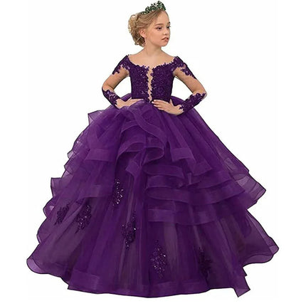 Party Dress New Lace Court Princess Costume Kids LongPerformance Ball Gown with Train Dresses Sleeve Flower Girl Wedding Gown