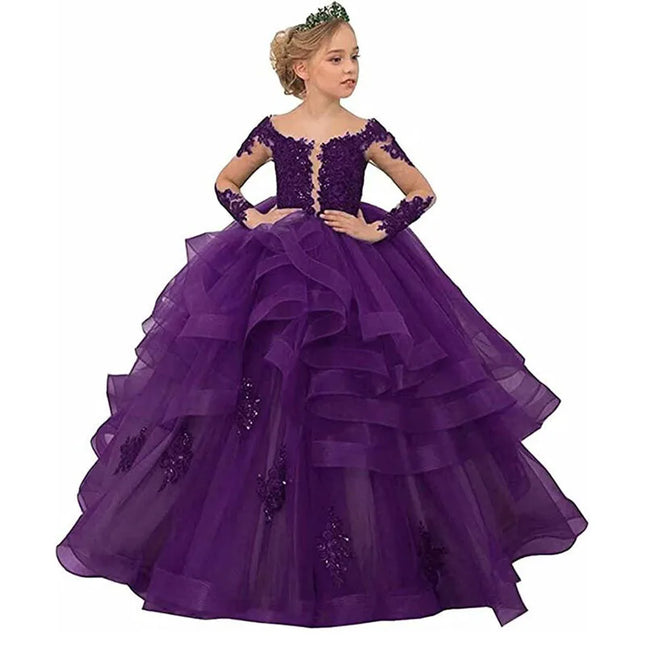 Party Dress New Lace Court Princess Costume Kids LongPerformance Ball Gown with Train Dresses Sleeve Flower Girl Wedding Gown