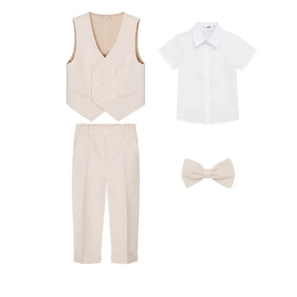 Teenager Kids Beige WaistCoat Shirt Pants Bowtie Tuxedo Dress Boys Vest Suit For Wedding Children Host Photograph Party Costume