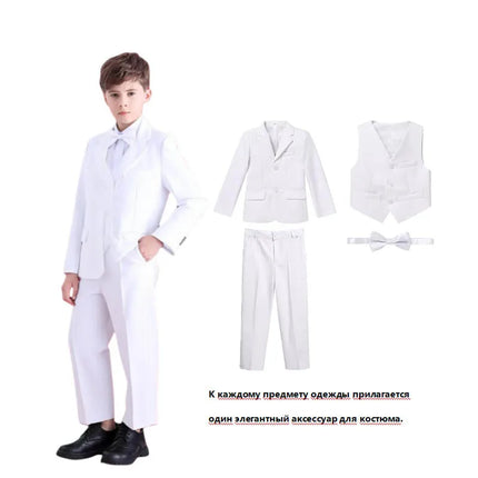Boys White Baptism Sping Host Piano Performance Suit Children Birthday Ceremony Costume Teenager Kids Wedding Party Dress