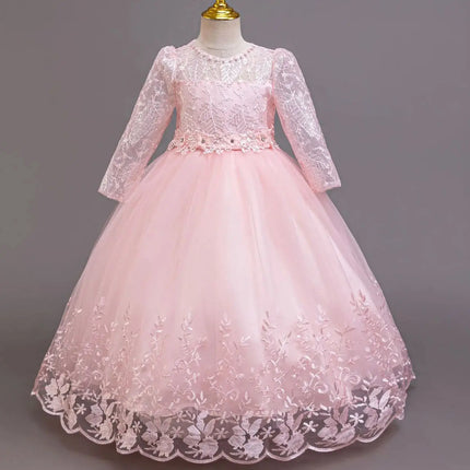 Embroidery Girl Party Dress for Wedding Long Sleeve Children Girls' Red Clothes Kids Elegant Evening Dresses 4-12Y