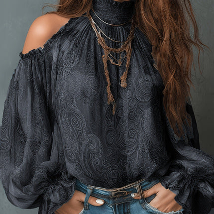 Women's Retro Cashew Print Off-Shoulder Blouse with Lantern Sleeves