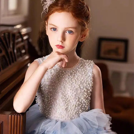 Jill Wish J299 Elegant Blue Feather Flower Girl Dress Pearls Princess Children Wedding Birthday Pageant Party Evening Gown