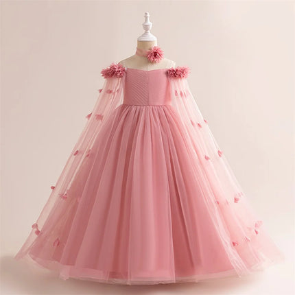 Elegant Girls Flower Long Party Dress Kids Fluffy Wedding Bridesmaid Prom Gown Girl 2pcs Tutu Birthday Clothes Fashion Costumes