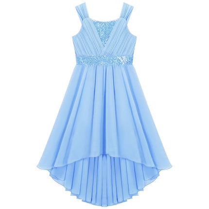 Kids Girls Sequins Ruched Party Birthday Wedding Bridesmaid Dress Sleeveless High-low Hem Summer Chiffon Princess Dress