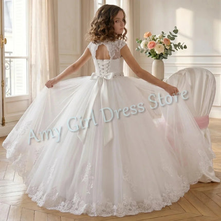 Simple Lace Tulle Flower Girl Dress For Wedding Backless Floor Length Crystal Princess First Communion Birthday Gown Customized