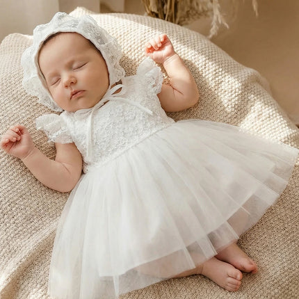 Baby Girl, 0-2 Years Old, White Dress with Lace Trim and Floral Embroidery, Fluffy Net Fabric, for Baptism, with a Hat