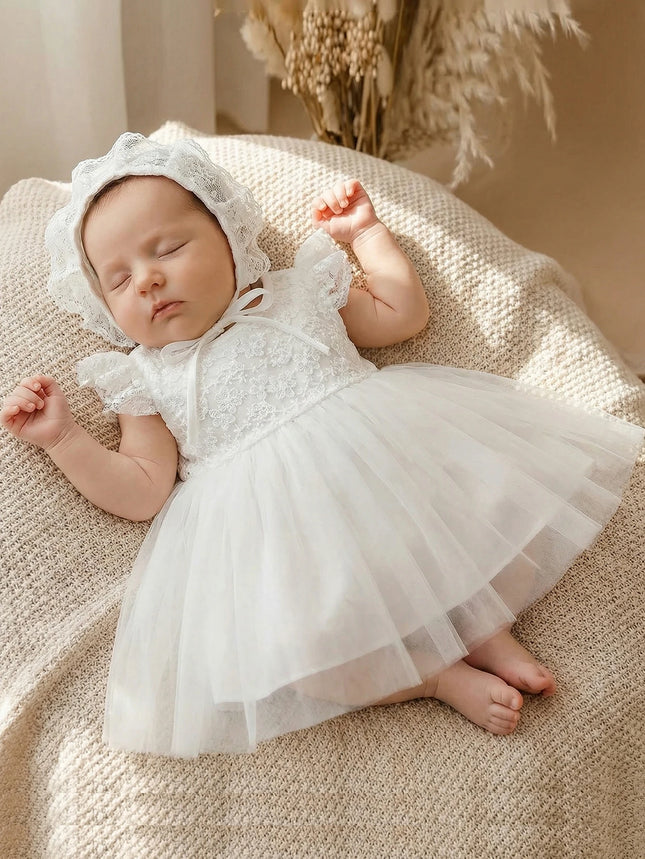 Baby Girl, 0-2 Years Old, White Dress with Lace Trim and Floral Embroidery, Fluffy Net Fabric, for Baptism, with a Hat