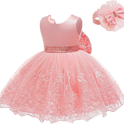 Baby Flower Girls Ruffle Embroidery Lace Sequins Dresses With Headwear For Kids Baptism Pageant Party Wedding Christmas Gown