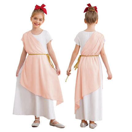 Kids Girls Ancient Greek Toga Costume Halloween Party Roman Goddesses Princess Cosplay Fancy Dress Tulle Church Robe with Belt