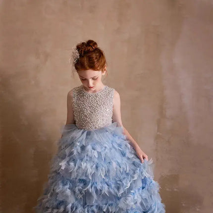 Jill Wish J299 Elegant Blue Feather Flower Girl Dress Pearls Princess Children Wedding Birthday Pageant Party Evening Gown
