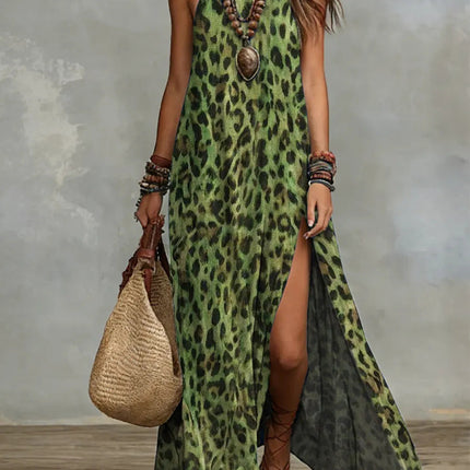 Women's Printed Scarf-Style Maxi Dress – Sleeveless, Split, Loose Boho
