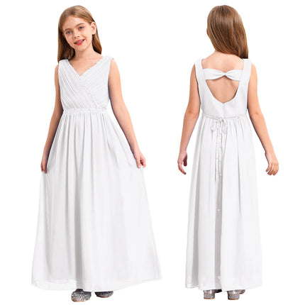 Kids Girls Wedding Bridesmaid Dress Spaghetti Strap Elegant Chiffon Maxi Party Dresses with Faux Pearls Belt for Banquet Pageant