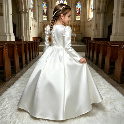 Modest Plain White Satin First Holy Communion Dress Long Puff Sleeve Pearl Button Back Kids Church Gown Flower Girl Dress
