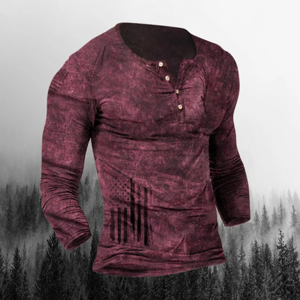 Mens Vintage Washed Henley Long Sleeve T-Shirt Retro Distressed USA Flag Print Four Button Placket Slim Fit Casual Tops