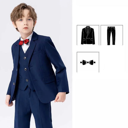 Boys Navy Blue Suit For Wedding Teenager Kids Formal Ceremony Tuxedo Dress Children Photograph Blazer Party Performance Costume