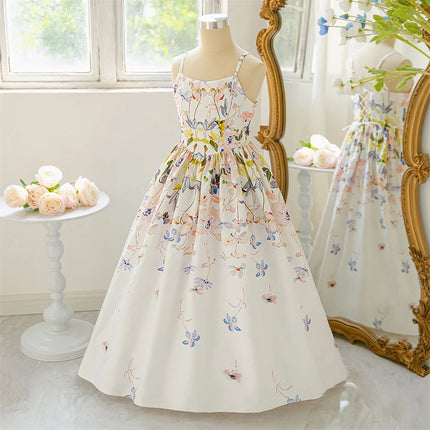 Flower Girl Princess Print Sling Ball Gown White Wedding Childrens Fluffy Mesh Dress Birthday Party Piano Performance Costume