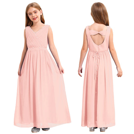 Kids Girls Wedding Bridesmaid Dress Spaghetti Strap Elegant Chiffon Maxi Party Dresses with Faux Pearls Belt for Banquet Pageant