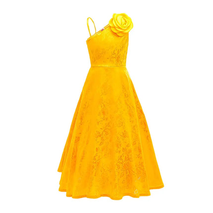 Summer Yellow One-Shoulder Princess Dress With Rose Print Pattern Flower Girls Wedding Party Costume Kids Cosplay Judy Ball Gown
