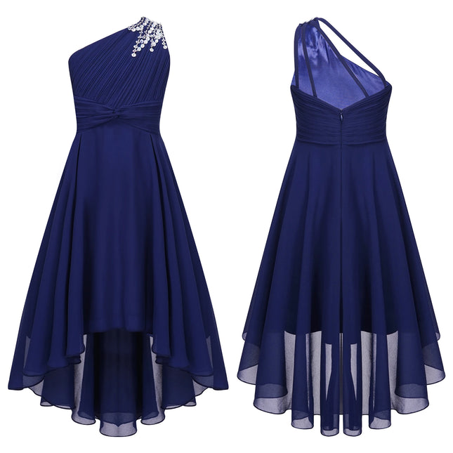 Kids Girls Sequins Ruched Party Birthday Wedding Bridesmaid Dress Sleeveless High-low Hem Summer Chiffon Princess Dress