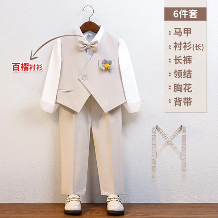 Gentleman Kids Summer Breathable Wedding Dress School Boys Vest Shirt Pants Bowtie Photography Suit Children Birthday Costume