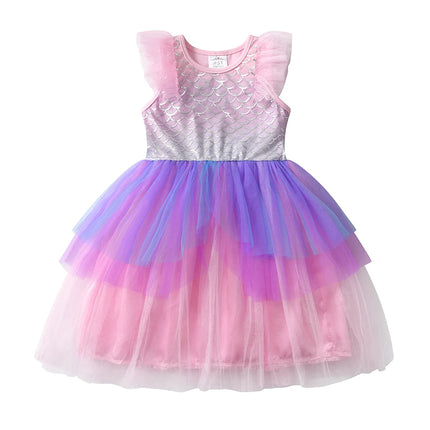 DXTON Kids Layered Mesh Dresses For Girls Ruffled Sleeveless European Style Princess Girls Dress Wedding Party Children Costumes