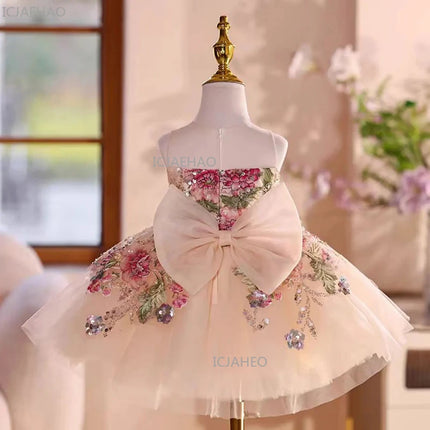 Elegant Embroidered Floral Dress Children Strapless Sash Bow Sleeveless Wedding Festival Party Ball Gown Girls Formal Costume