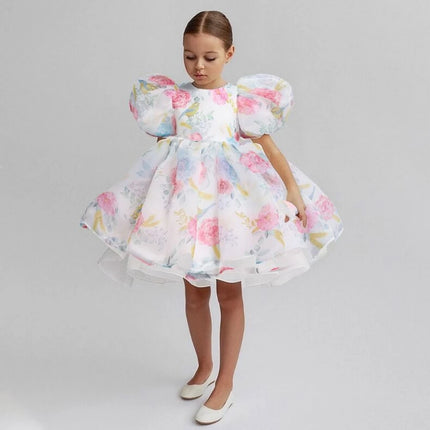 Fashion Flower Printed Party Girls Dresses Christmas Costume White Wedding Birthday Princess Prom Dress for Girl Bridesmaid Gown
