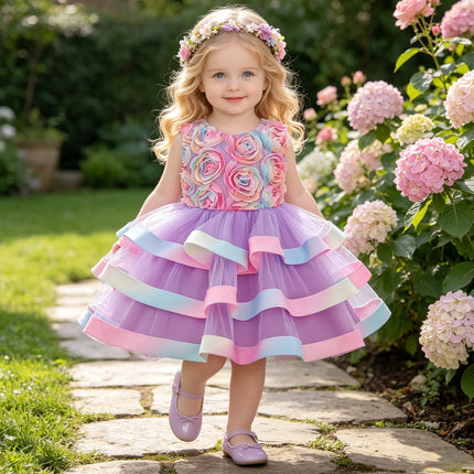 Toddler Colorful Flower 1st Birthday Baby Girl Dress Elegant Wedding Party Baptism Princess Dresses Girl Bow Bridesmaids Costume