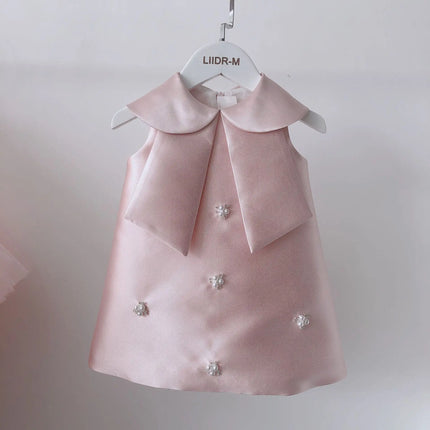 HETISO Teenager Baby Girl Formal Dress Peter Pan Collar Pearls Sleeveless Kids Princess Wedding Party Ball Gown