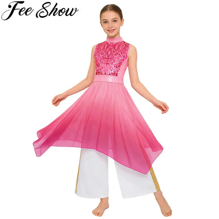 Kids Girls Praise Liturgical Church Worship Dance Outfit Sequins Chiffon Tunic Dress+Pants Choir Lyrical Contemporary Dancewear