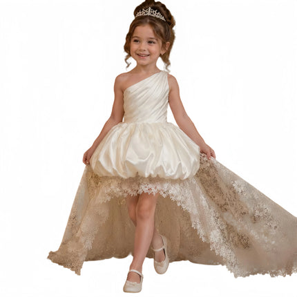 Satin Lace Flower Girl Train Dress OneShoulder Ruched Bubble Puff Skirt Kids Luxury Modest Church Communion Formal Princess Gown
