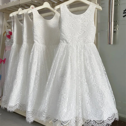 White Lace Flower Girl Dress with Big Bow Elegant Sleeveless A-Line Ball Gowns Formal Communion Wedding Party Dresses