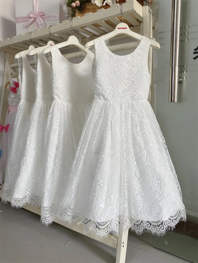 White Lace Flower Girl Dress with Big Bow Elegant Sleeveless A-Line Ball Gowns Formal Communion Wedding Party Dresses