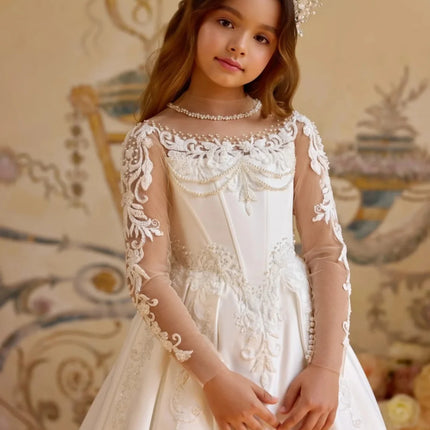 2025 New Princess Dress Kids White Satin Ball Gown with Pearls Embroidery Tulle Long Sleeve Flower Girl Wedding Party Gown