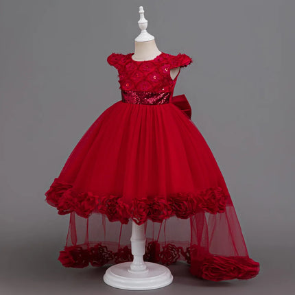 Flower Girl Dress 3D Rose Lace Tulle Sequin Waistband Princess Gown Birthday Holiday Wedding Party Formal Girls Dresses 3-12Y
