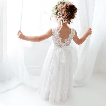 Girls Fashion Open Back Princess Dress 3-12 Years Old New Mesh Lace Long Dress Birthday Wedding Flower Girl Performance Clothing