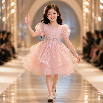 Children's Puff Sleeve Princess Dress Export Flower Girl Printed Short Dress Wedding Dress Girls High-End Tutu Skirt Europe