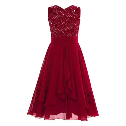 Shiny Rhinestone Chiffon Party Dress for Kids Girls Elegant Princess Birthday Formal Wedding Gown Sleeveless Knee-length Dresses