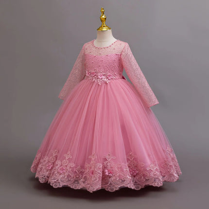 New Long Sleeve Elegant Dress for Young Girls Flower Girl Wedding Dresses Lace Formal White Clothes From 4 to12 Years