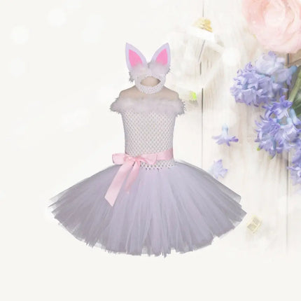 2Pcs Rabbit Costume Set White Size 110 Lovely Easter Party Headdress Dress Kid Festival Outfit Girl Cosplay Birthday Gift