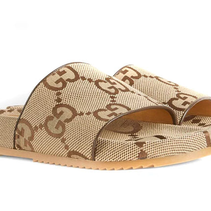 Gucci GG Canvas Camel Monogram Slide Sandals with Platform Sole - Chic Italian Casual Footwear