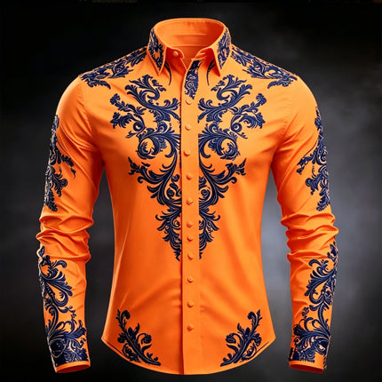 Men's Luxury Baroque Print White Satin Dress Shirt Long Sleeve Slim Fit Formal Business Party Button Down Shirt